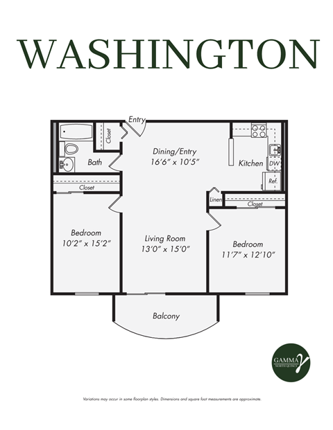 Floor plan for 2 beds, 1 bath, 878 sqft